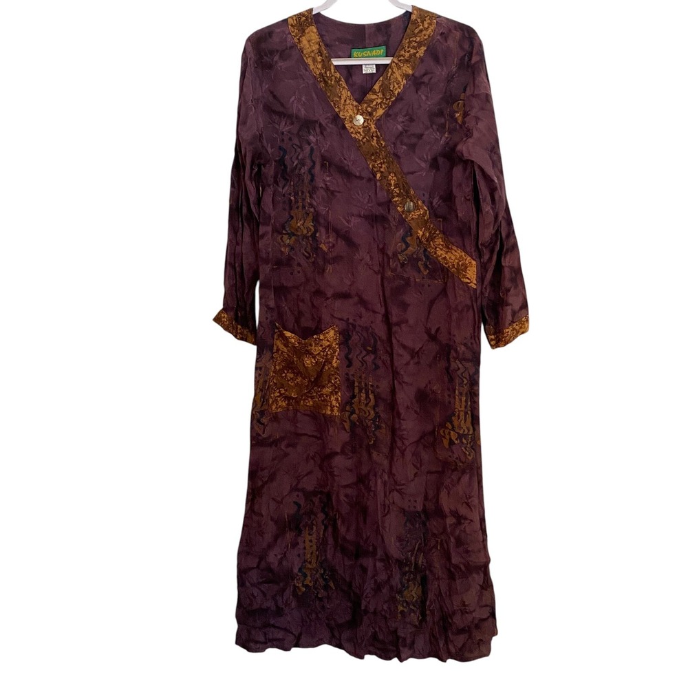 Kusnadi New York Kimono Maxi Dress Lagenlook Boho Art To Wear L Pocket Purple